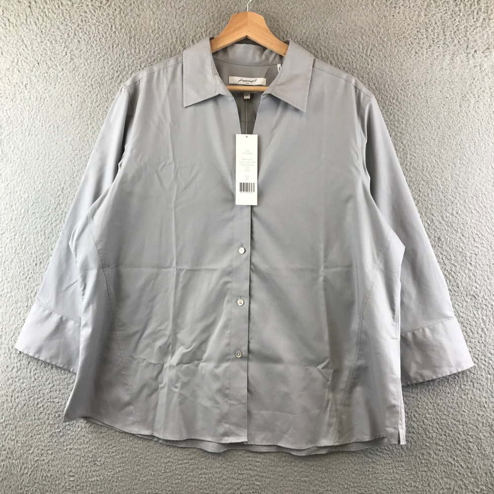New Foxcroft NYC XXL Silver Easy Care Poplin Blouse Non Iron Stretch Shirt
